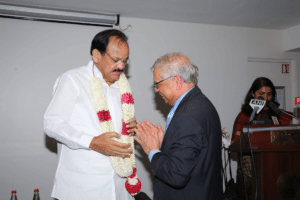 Shri V. Naidu Vice-President of India being garlanded by MMF President at the reception at UNESCO 9 Nov 2018